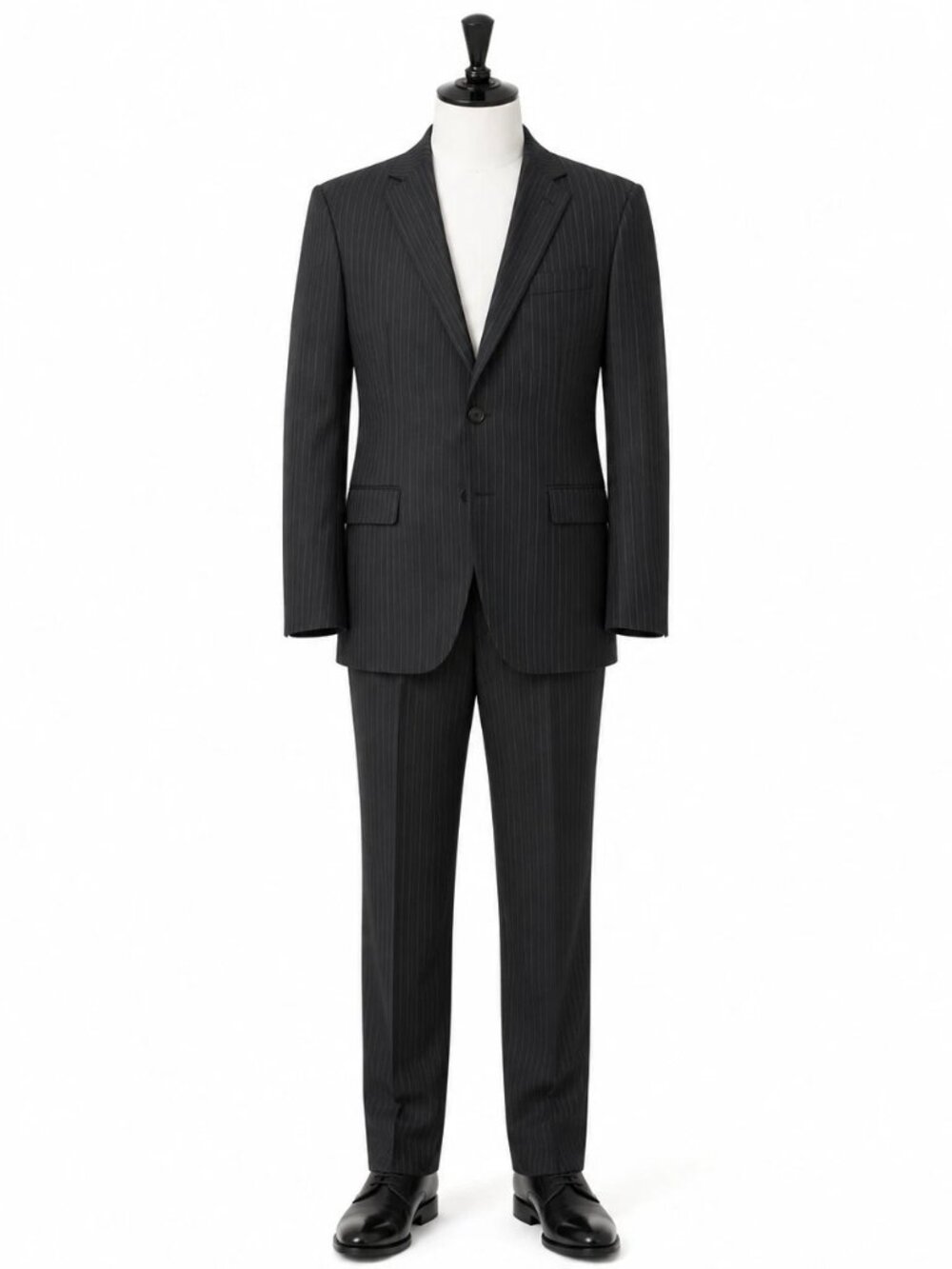 Bertolini Black Charcoal Pinstripe Suit 2 Piece Jacket Wool Silk 46R 40x32 EUC